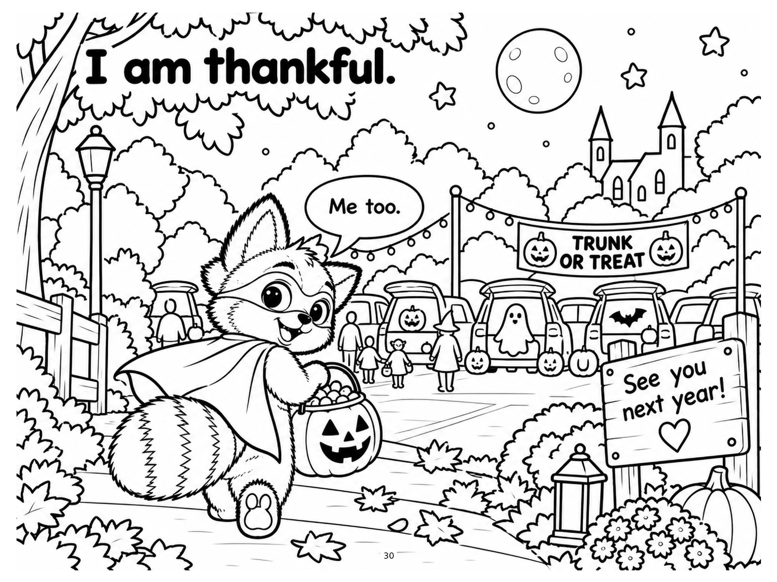 Black-and-white thankful night coloring page from Renn's Trunk-or-Treat collection: Renn heads home under the moon, thankful for a wonderful night.