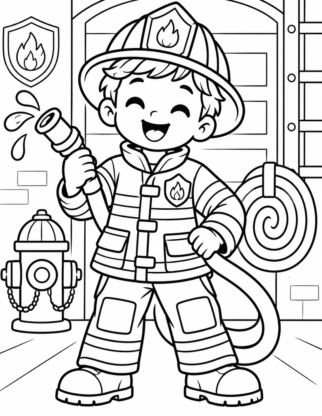 Black-and-white firefighter costume coloring page from Renn's Trunk-or-Treat Coloring & Activity collection: a smiling firefighter holds a hose by the fire station door, next to a fire hydrant.
