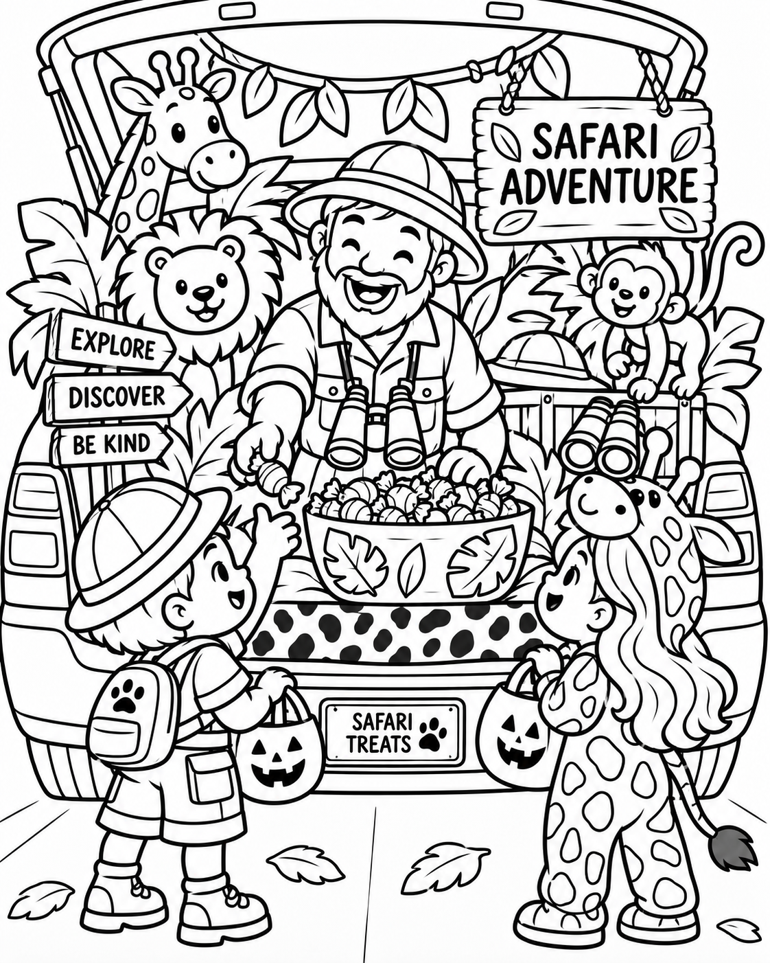 Black-and-white safari adventure trunk coloring page from Renn's Trunk-or-Treat Coloring & Activity collection: a safari guide, a lion and a giraffe share treats with young explorers.