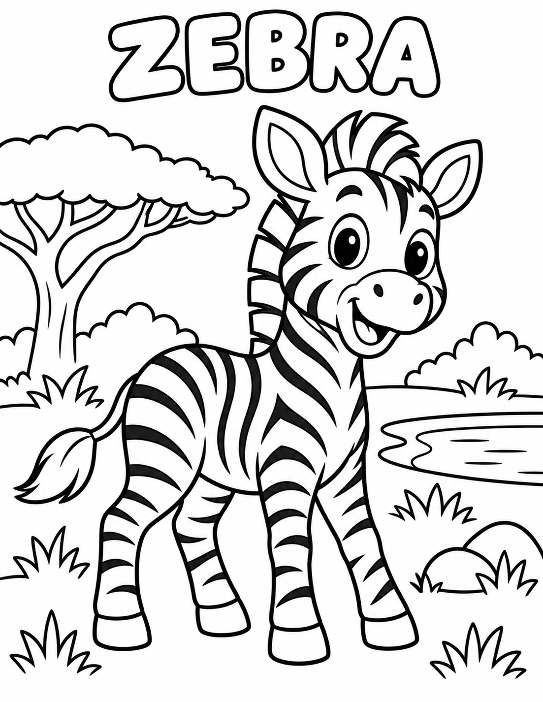 Black-and-white zebra coloring page from Renn's Zoo Animals collection: a striped zebra stands on the savanna under an acacia tree.