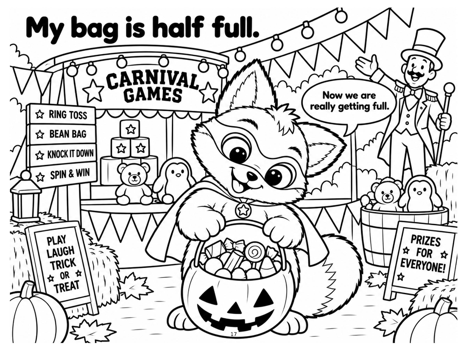 Black-and-white carnival prizes coloring page from Renn's Trunk-or-Treat collection: Renn's bag is half full in front of the Carnival Games prize table.