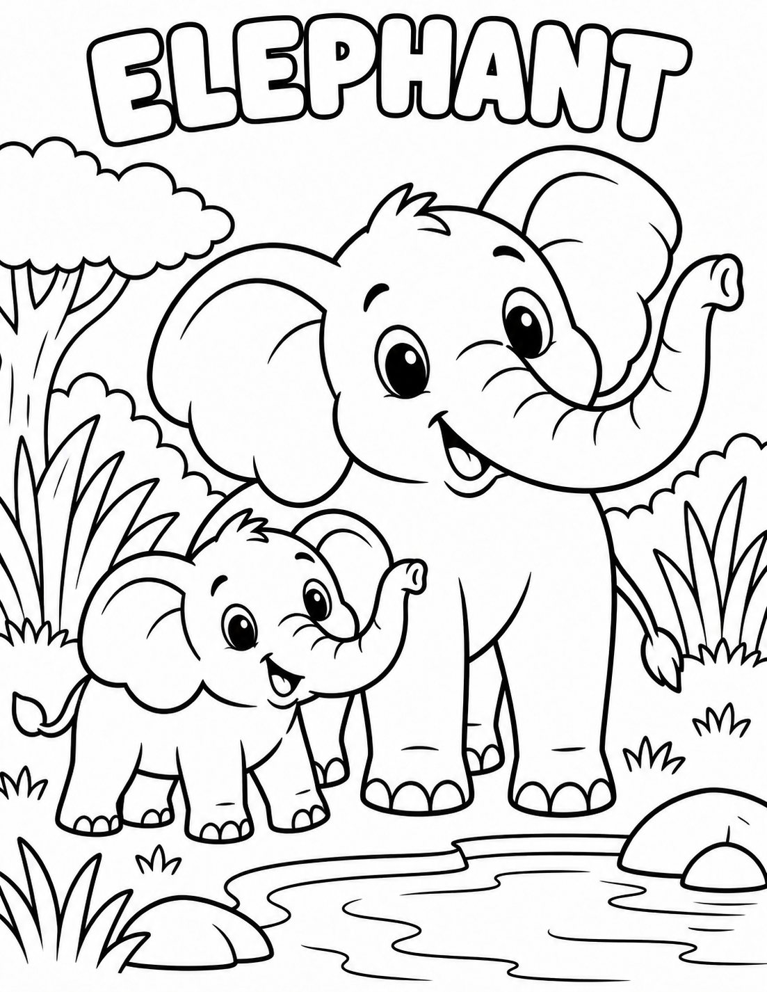 Black-and-white elephant coloring page from Renn's Zoo Animals collection: a big elephant and baby elephant walk side by side.