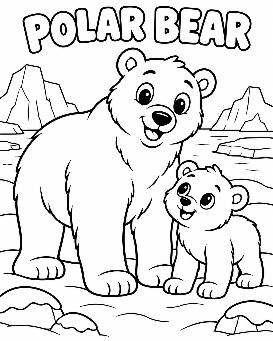 Black-and-white polar bear coloring page from Renn's Zoo Animals collection: a polar bear and cub stand together in the Arctic.