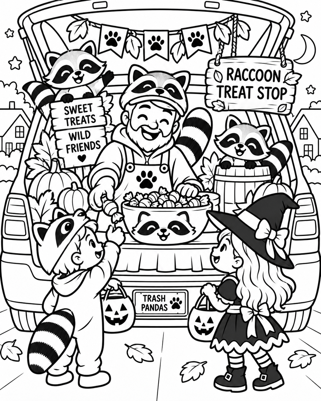 Black-and-white raccoon treat stop trunk coloring page from Renn's Trunk-or-Treat Coloring & Activity collection: playful raccoons run the Raccoon Treat Stop for Trash Pandas and wild friends.