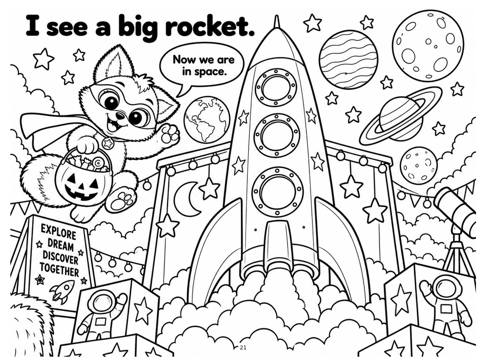 Black-and-white space rocket coloring page from Renn's Trunk-or-Treat collection: a tall rocket blasts off beside planets, moons and stars.
