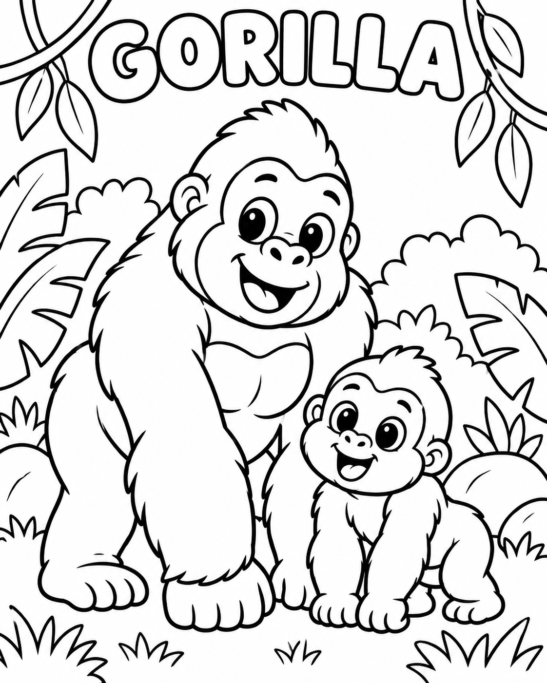 Black-and-white gorilla coloring page from Renn's Zoo Animals collection: a gentle gorilla and baby sit together among jungle plants.