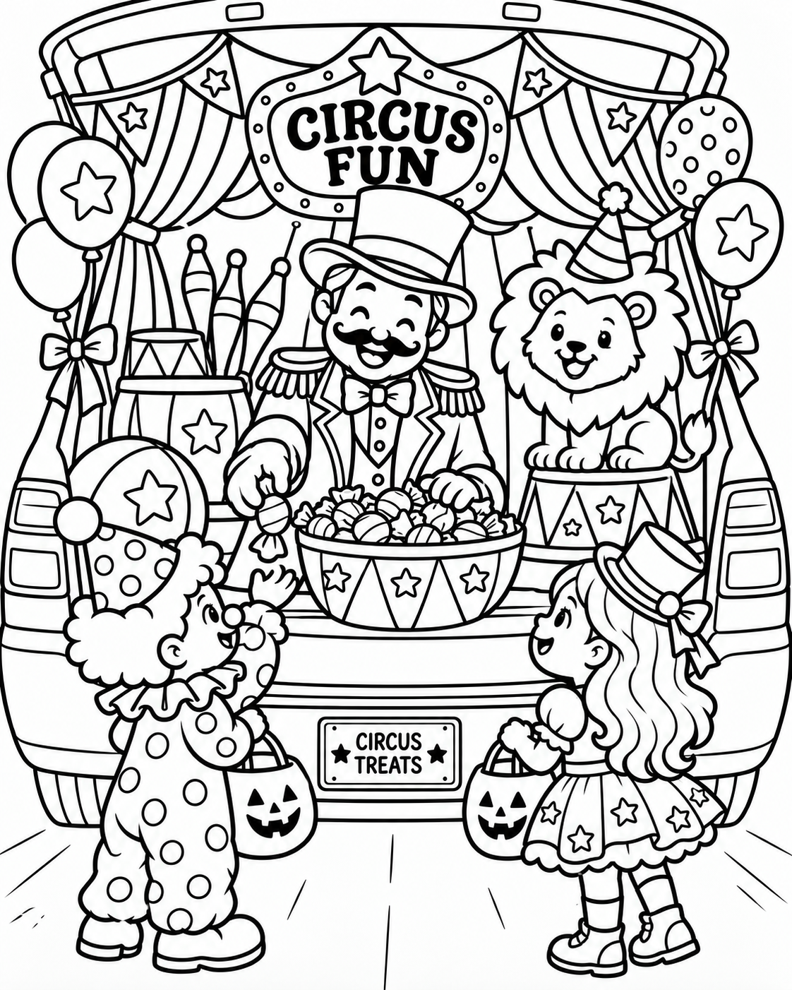 Black-and-white circus fun trunk coloring page from Renn's Trunk-or-Treat Coloring & Activity collection: a ringmaster and a lion welcome trick-or-treaters under circus tent stripes.