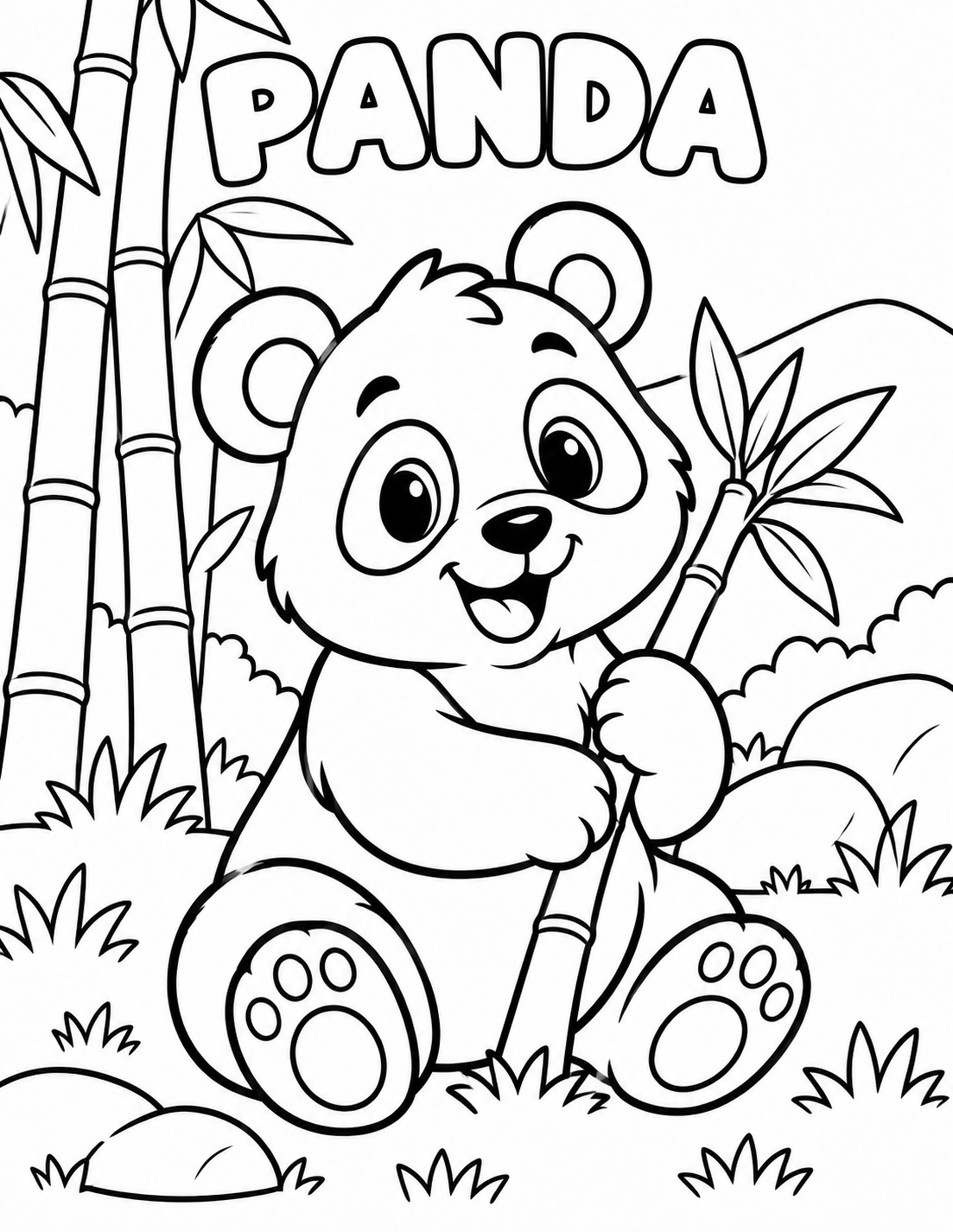 Black-and-white panda coloring page from Renn's Zoo Animals collection: a panda sits in a bamboo forest munching on bamboo.