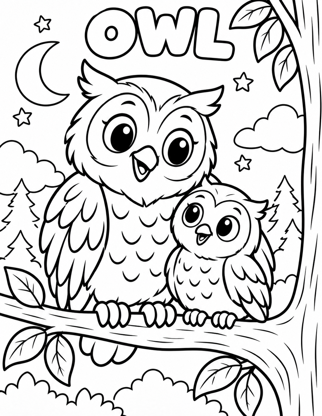 Black-and-white owl coloring page from Renn's Zoo Animals collection: an owl and owlet perch on a branch under the moon and stars.