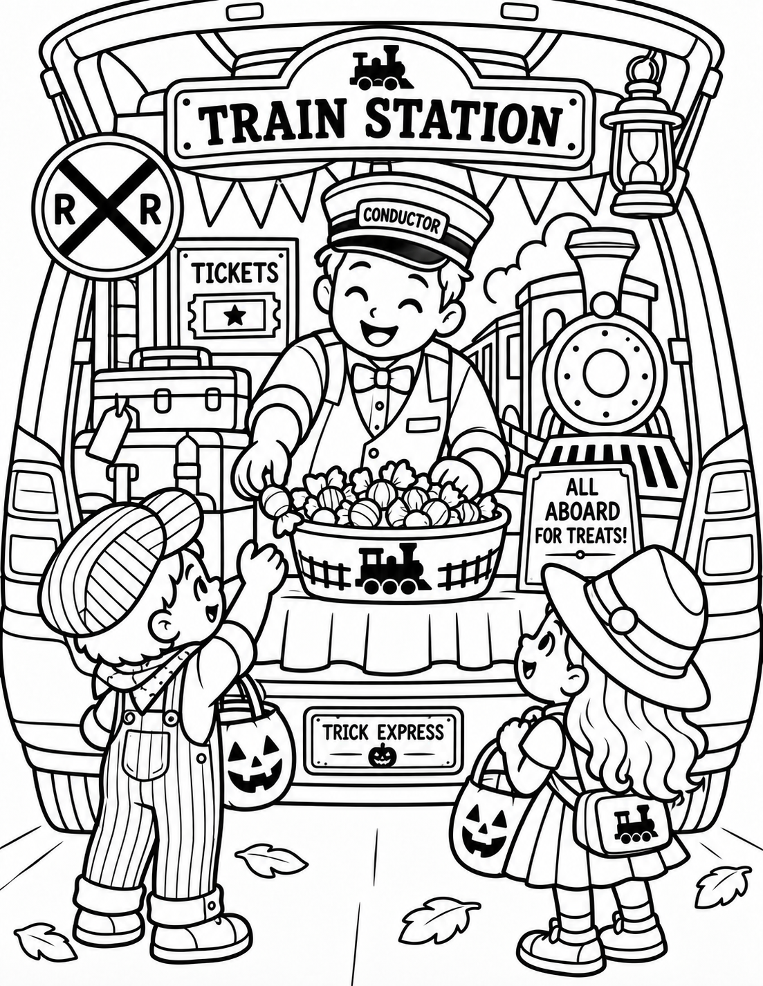 Black-and-white train station trunk coloring page from Renn's Trunk-or-Treat Coloring & Activity collection: a conductor hands out treats at the Train Station — All Aboard for Treats!.