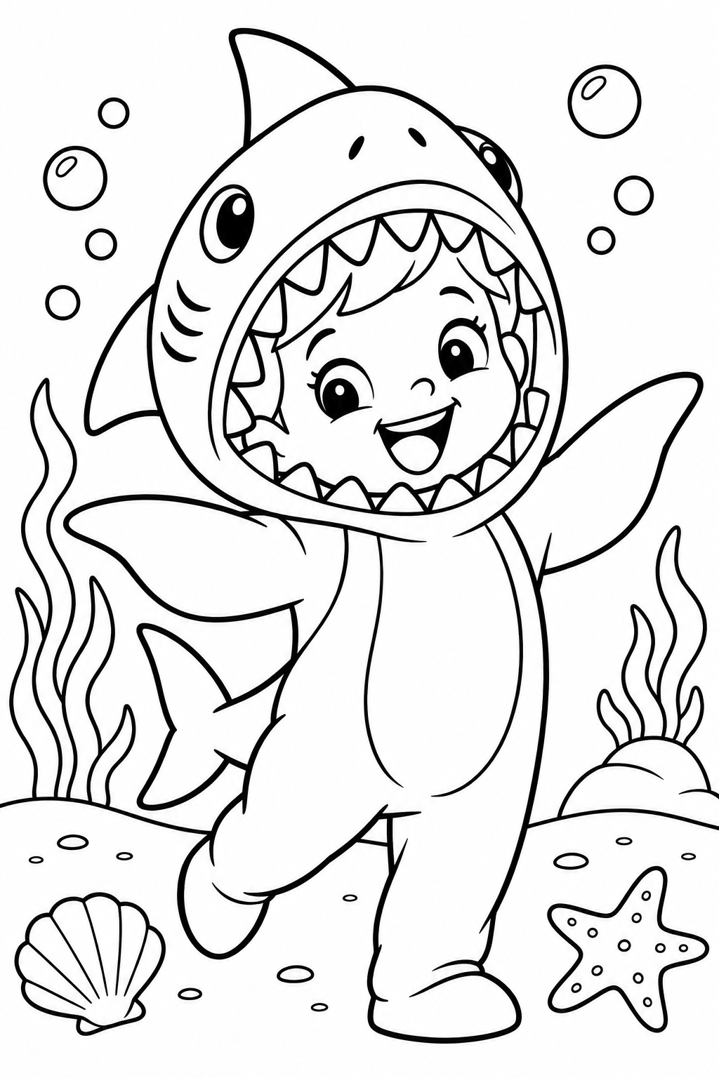Black-and-white shark costume coloring page from Renn's Trunk-or-Treat Coloring & Activity collection: a giggling kid in a shark suit swims past seaweed, bubbles, a seashell and a starfish.