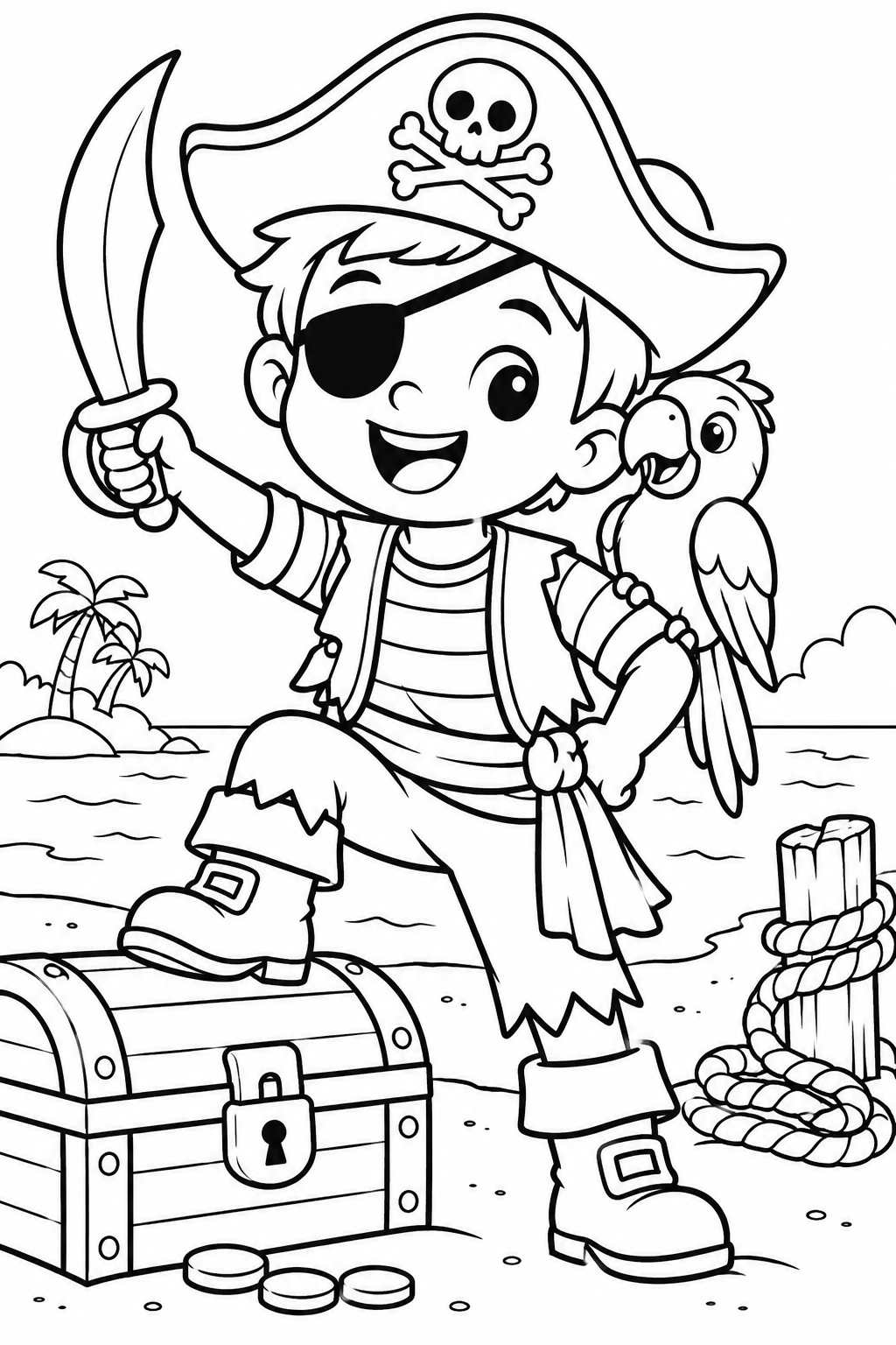 Black-and-white pirate costume coloring page from Renn's Trunk-or-Treat Coloring & Activity collection: a pirate with an eye patch, a parrot and a treasure chest on a sandy island beach.