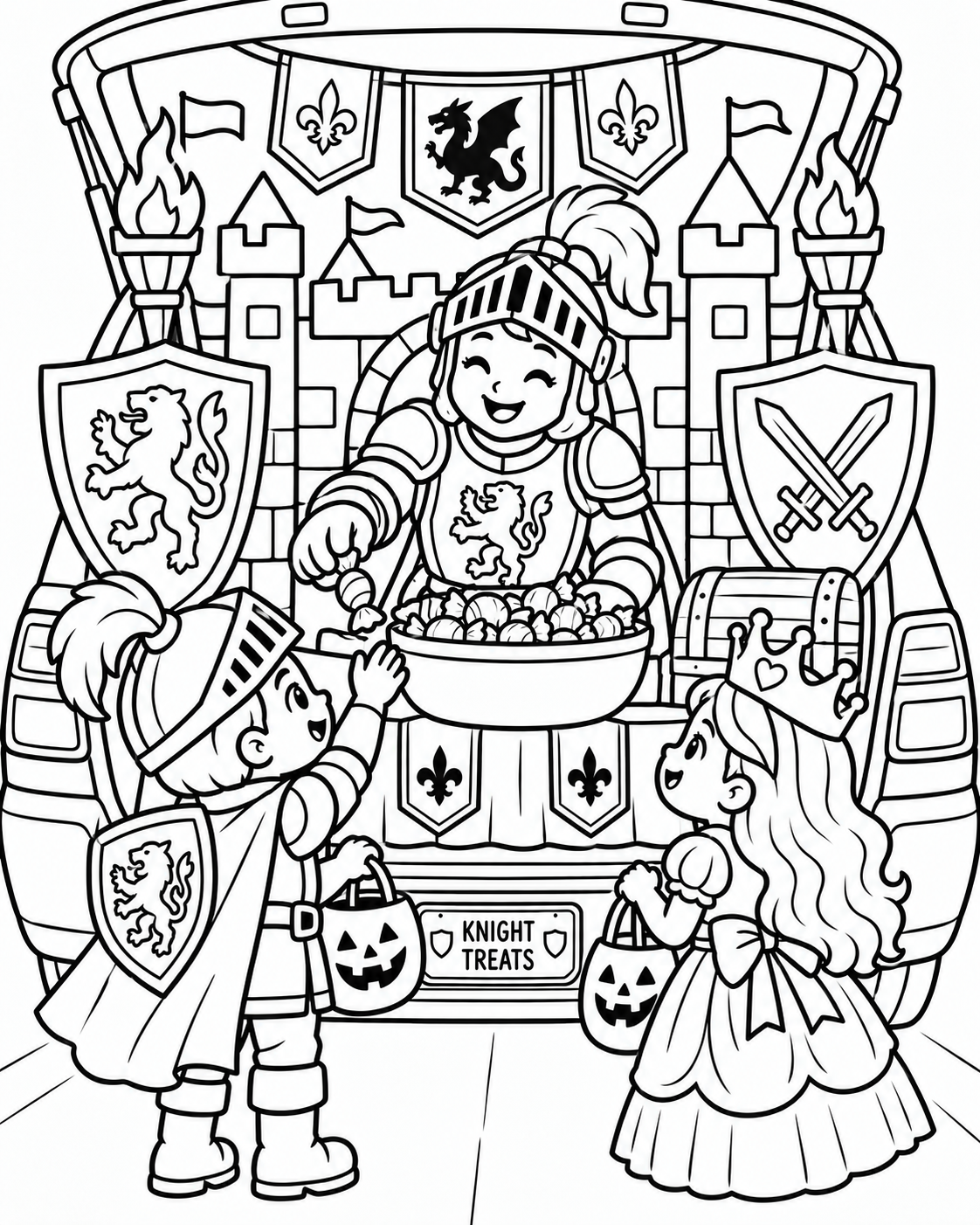 Black-and-white knight's castle trunk coloring page from Renn's Trunk-or-Treat Coloring & Activity collection: a brave knight shares Knight Treats in front of castle banners and shields.