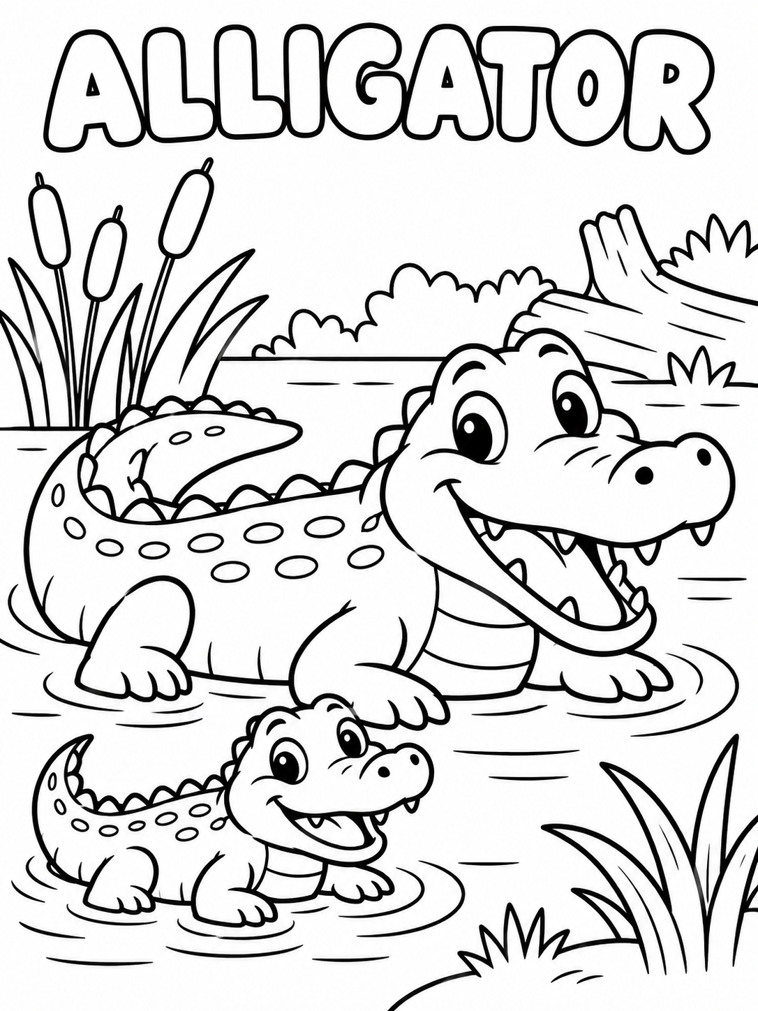 Black-and-white alligator coloring page from Renn's Zoo Animals collection: a grinning alligator and a tiny baby splash by the reeds in a swampy pond.