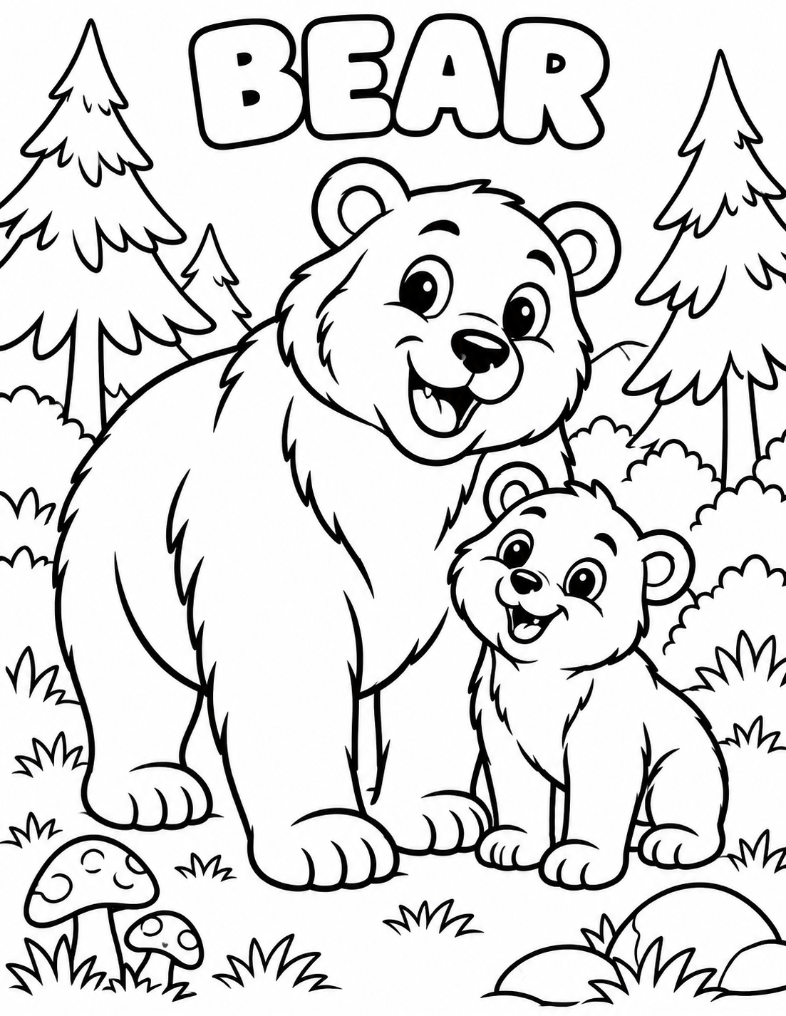 Black-and-white bear coloring page from Renn's Zoo Animals collection: a friendly bear and cub stand together among pine trees and mushrooms.
