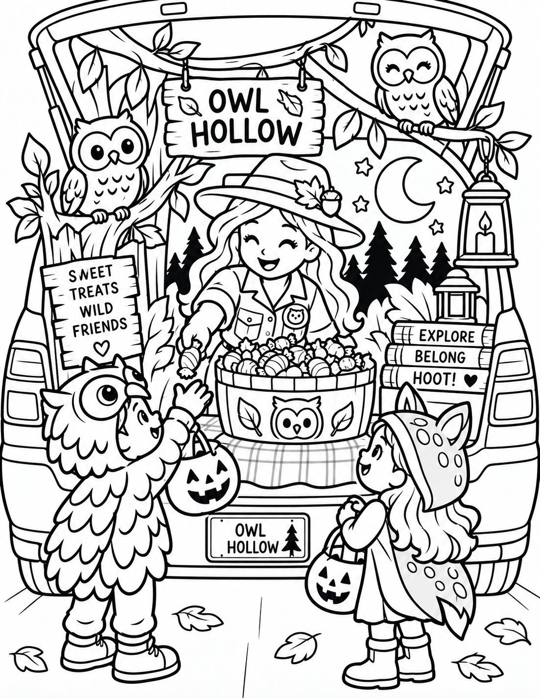 Black-and-white owl hollow trunk coloring page from Renn's Trunk-or-Treat Coloring & Activity collection: Owls, a crescent moon and pine trees surround the cozy Owl Hollow trunk.