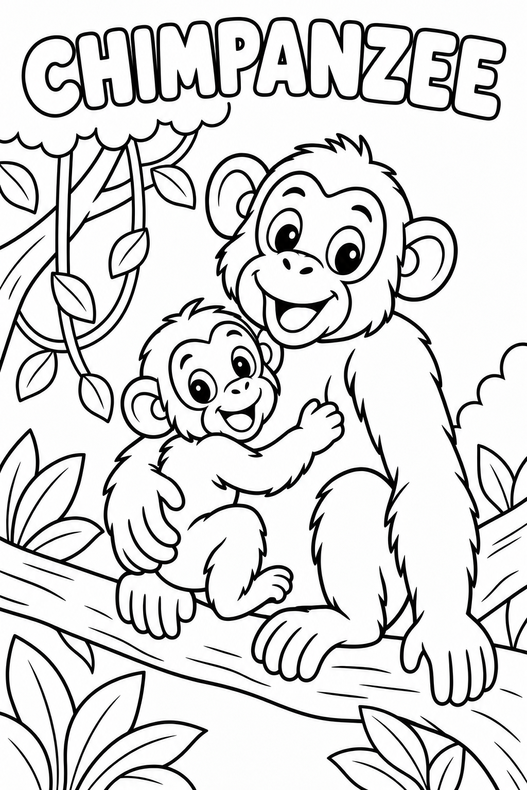 Black-and-white chimpanzee coloring page from Renn's Zoo Animals collection: a chimpanzee cuddles its baby on a jungle branch.