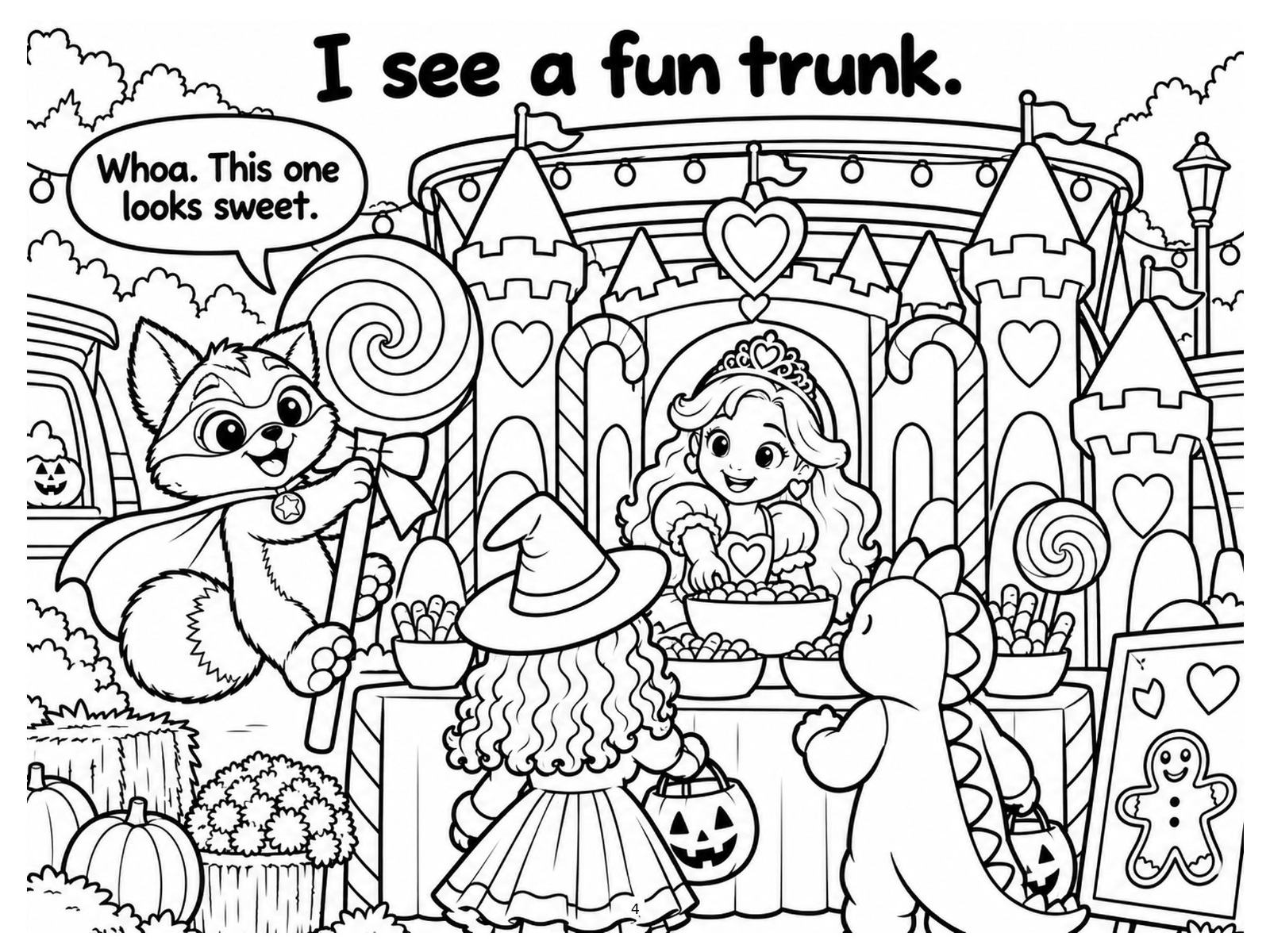 Black-and-white candy castle coloring page from Renn's Trunk-or-Treat collection: a sweet castle trunk made of lollipops, gumdrops and a gingerbread friend.