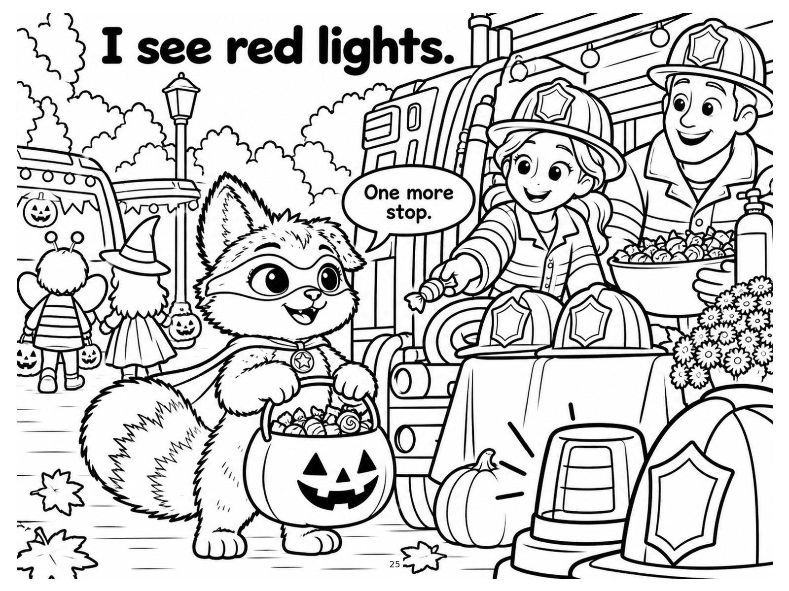 Black-and-white fire truck coloring page from Renn's Trunk-or-Treat collection: friendly firefighters hand out treats beside a big fire truck.