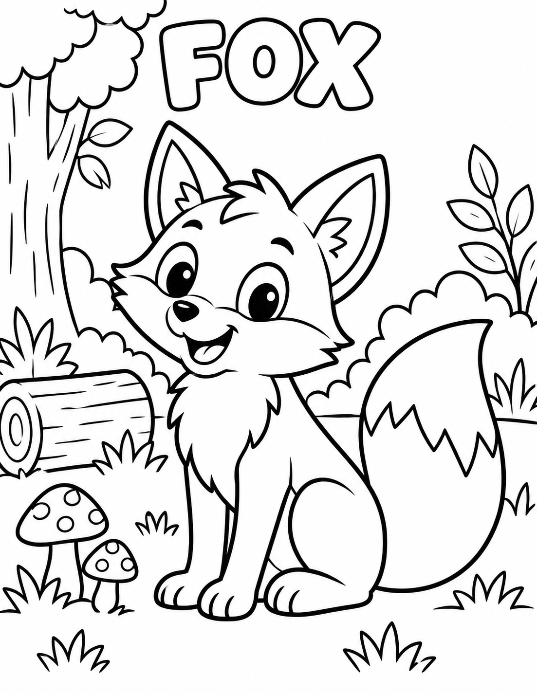 Black-and-white fox coloring page from Renn's Zoo Animals collection: a fluffy fox sits beside a log in the woods.