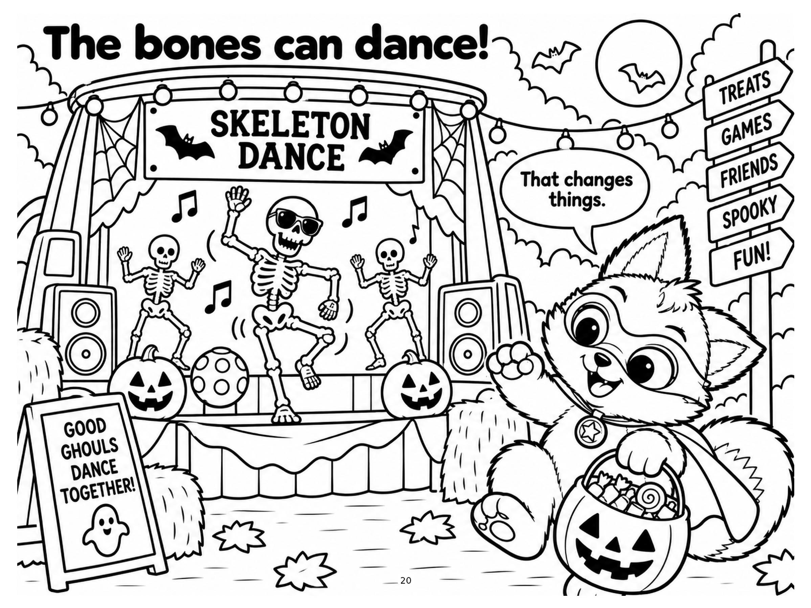 Black-and-white skeleton dance coloring page from Renn's Trunk-or-Treat collection: silly skeletons dance on stage with music notes all around.