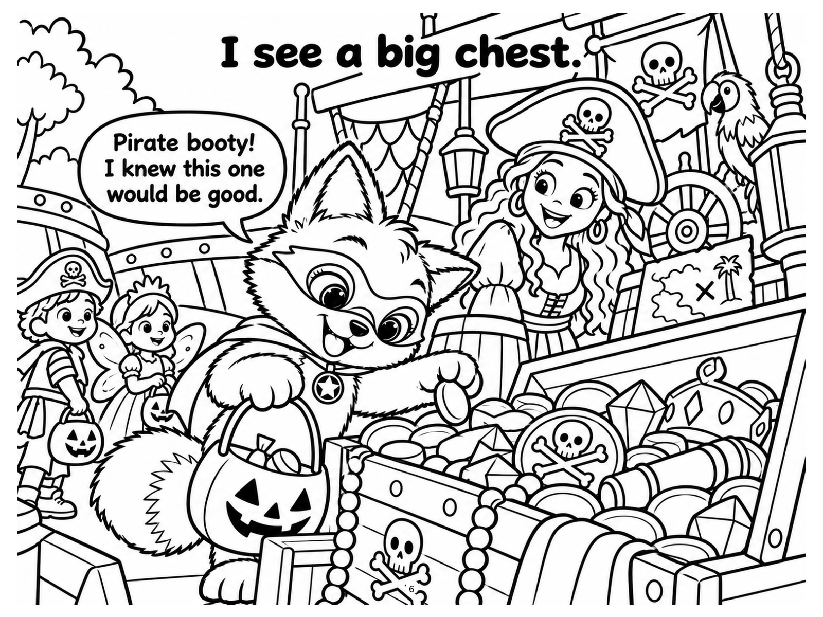 Black-and-white pirate treasure coloring page from Renn's Trunk-or-Treat collection: a treasure chest overflowing with coins and jewels on a pirate ship trunk.