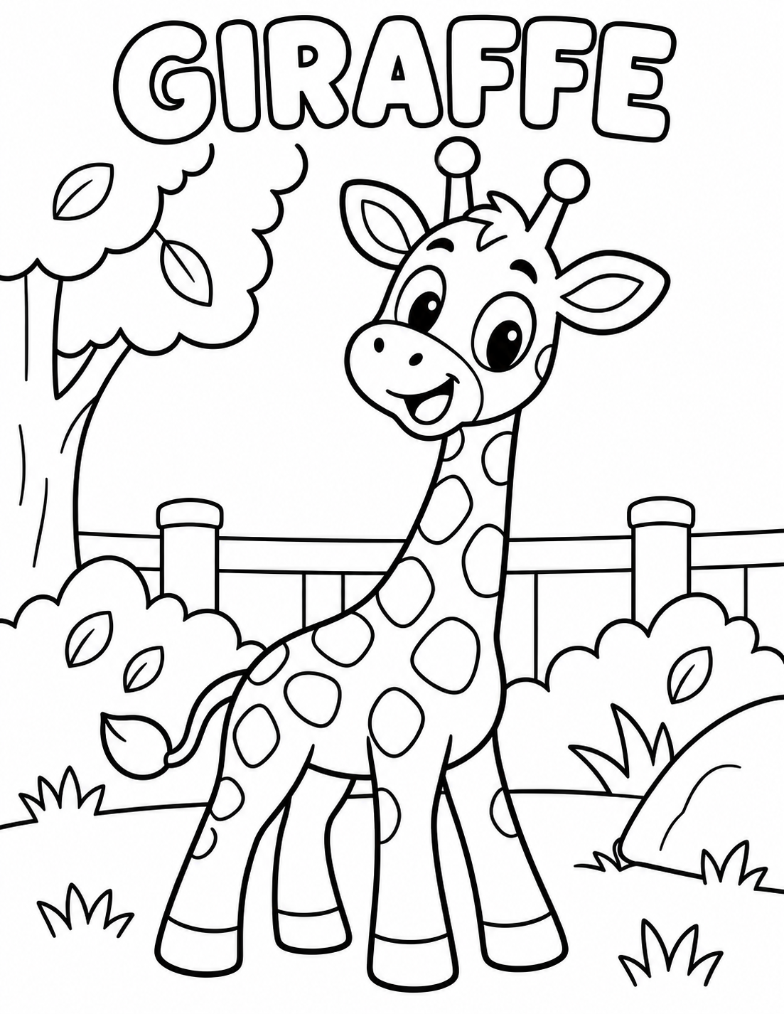 Black-and-white giraffe coloring page from Renn's Zoo Animals collection: a tall spotted giraffe smiles beside the zoo fence.
