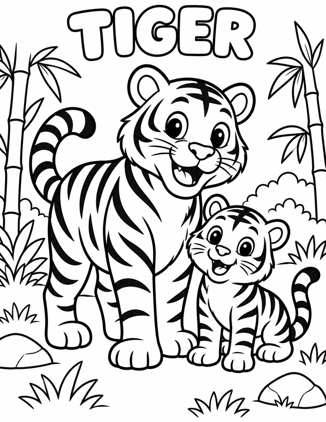 Black-and-white tiger coloring page from Renn's Zoo Animals collection: a striped tiger and cub play among the bamboo.