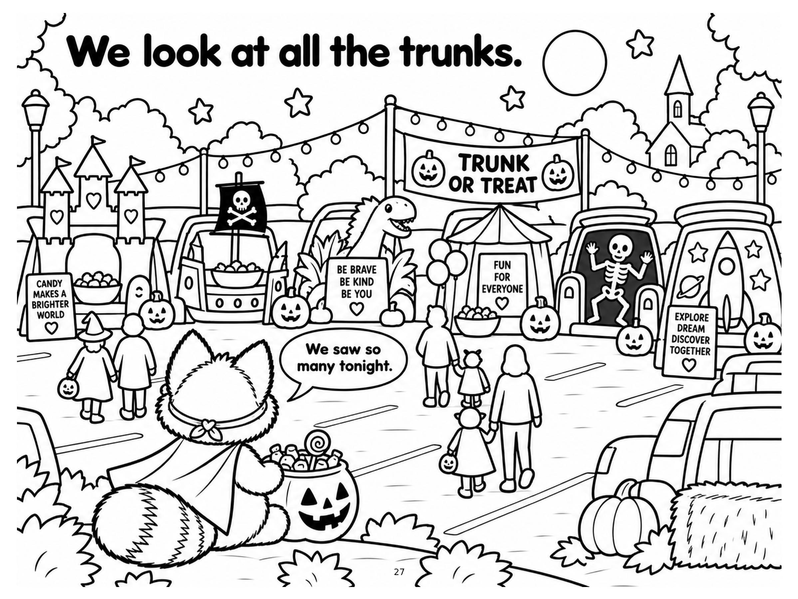 Black-and-white all the trunks coloring page from Renn's Trunk-or-Treat collection: a wide view of the whole trunk-or-treat with every decorated trunk.