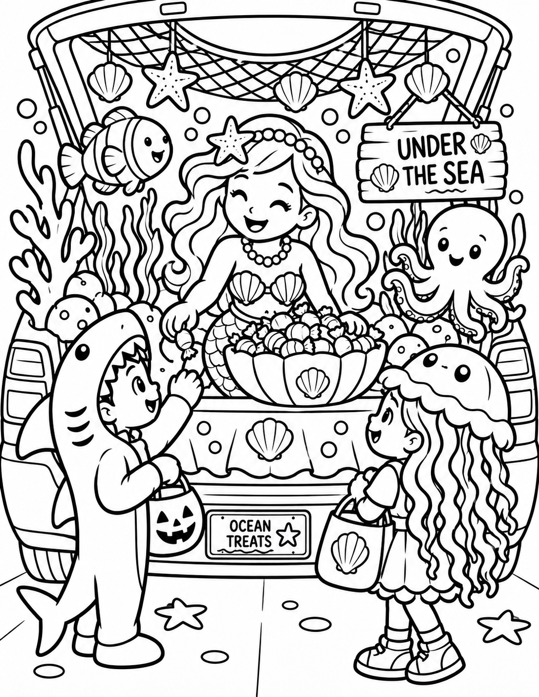 Black-and-white under the sea trunk coloring page from Renn's Trunk-or-Treat Coloring & Activity collection: a mermaid, an octopus and a shark-costumed friend share Ocean Treats.