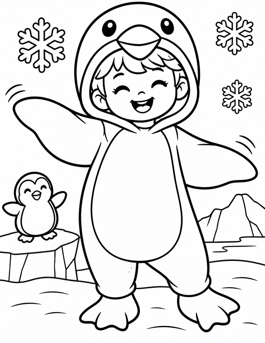 Black-and-white penguin costume coloring page from Renn's Trunk-or-Treat Coloring & Activity collection: a kid in a cozy penguin suit flaps hello to a little penguin among snowflakes and ice.