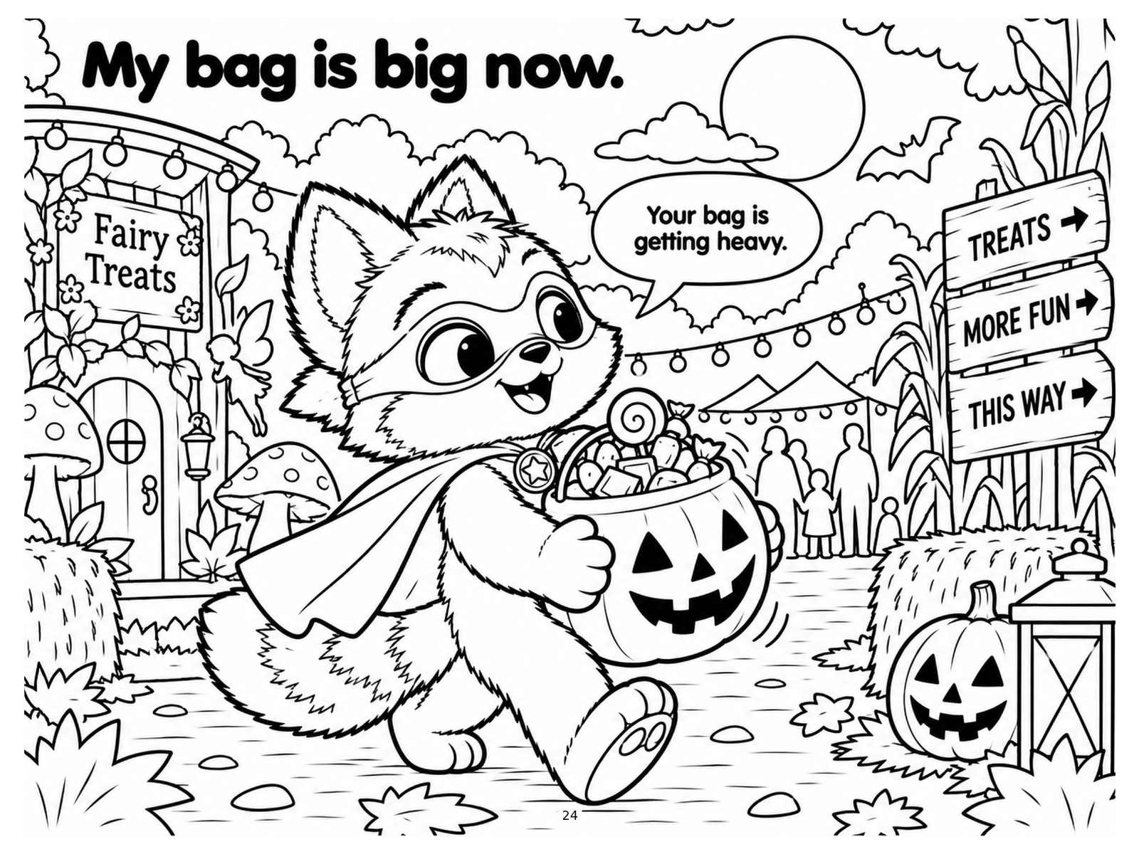 Black-and-white fairy treats path coloring page from Renn's Trunk-or-Treat collection: Renn carries a heavy bucket past Fairy Treats and signposts.