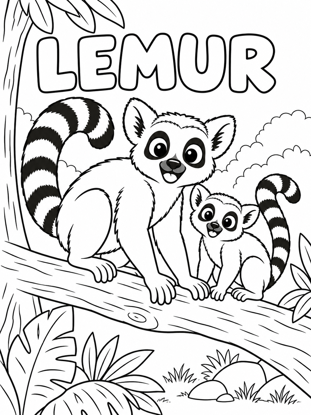 Black-and-white lemur coloring page from Renn's Zoo Animals collection: a ring-tailed lemur and baby perch on a branch.