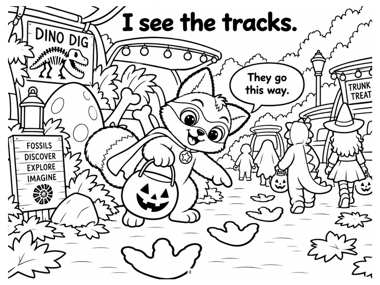 Black-and-white dinosaur tracks coloring page from Renn's Trunk-or-Treat collection: big dinosaur footprints lead Renn toward the Dino Dig trunk.