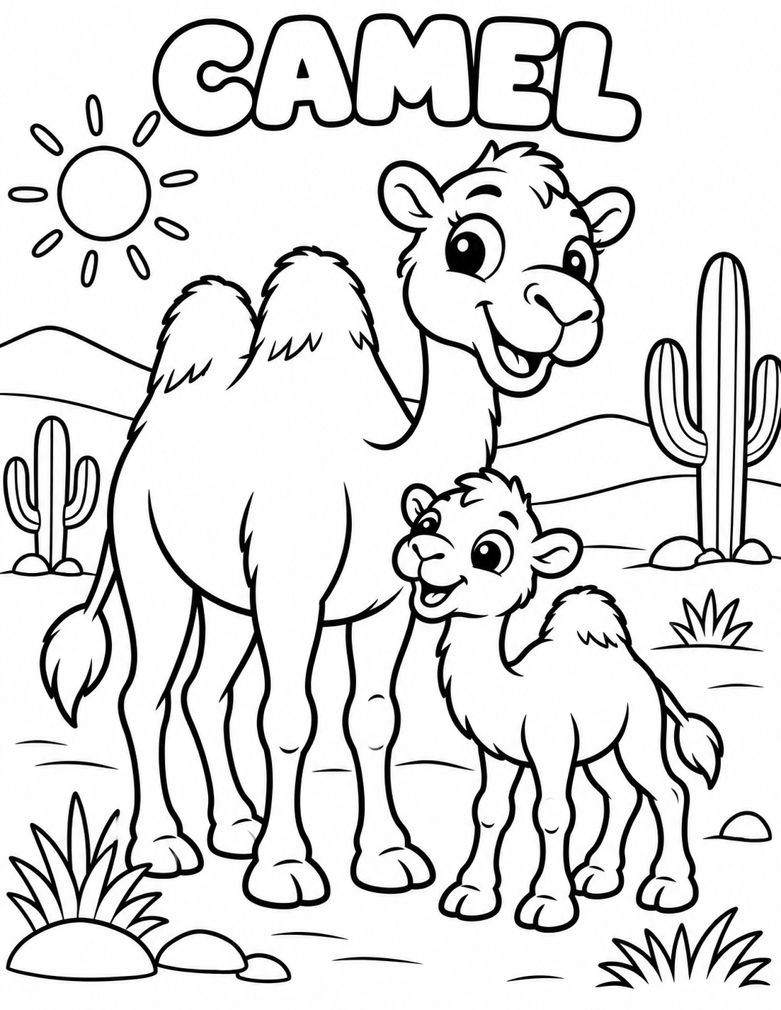 Black-and-white camel coloring page from Renn's Zoo Animals collection: a smiling camel and baby camel stroll through the desert past a cactus.