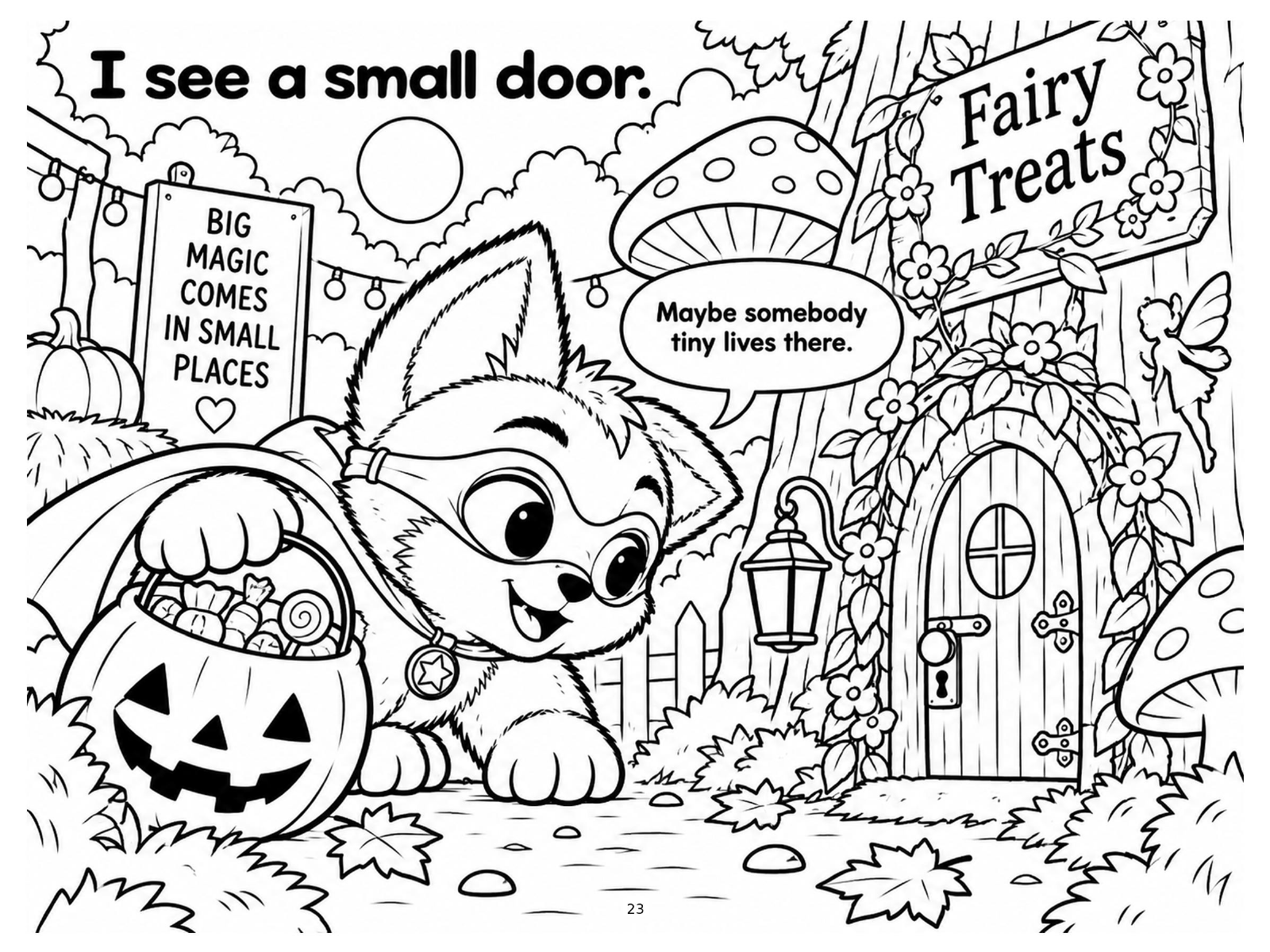 Black-and-white fairy door coloring page from Renn's Trunk-or-Treat collection: a tiny round door under a mushroom — maybe somebody small lives there.