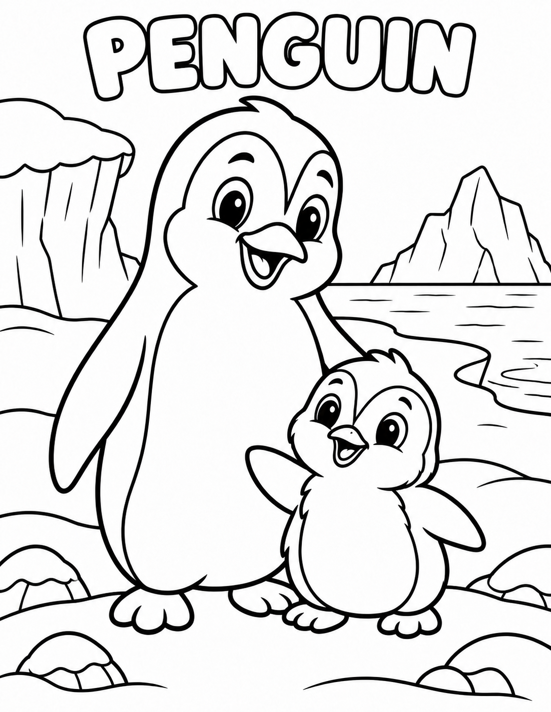 Black-and-white penguin coloring page from Renn's Zoo Animals collection: a penguin and chick waddle together on the icy shore.