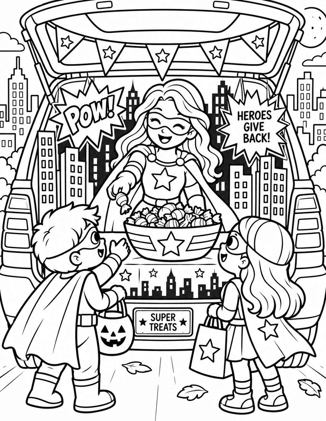 Black-and-white superhero trunk coloring page from Renn's Trunk-or-Treat Coloring & Activity collection: a superhero shares Super Treats in front of a city skyline — Heroes Give Back!.