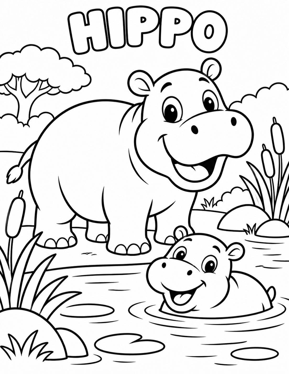 Black-and-white hippo coloring page from Renn's Zoo Animals collection: a round hippo stands on the bank while a baby hippo peeks from the water.