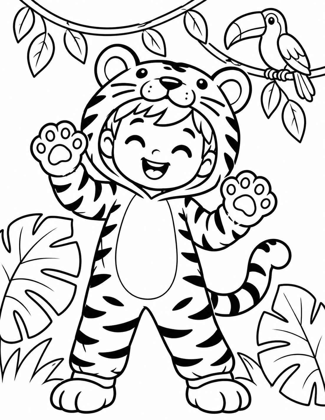 Black-and-white tiger costume coloring page from Renn's Trunk-or-Treat Coloring & Activity collection: a happy kid in a striped tiger suit waves big paws in the jungle beside a toucan.