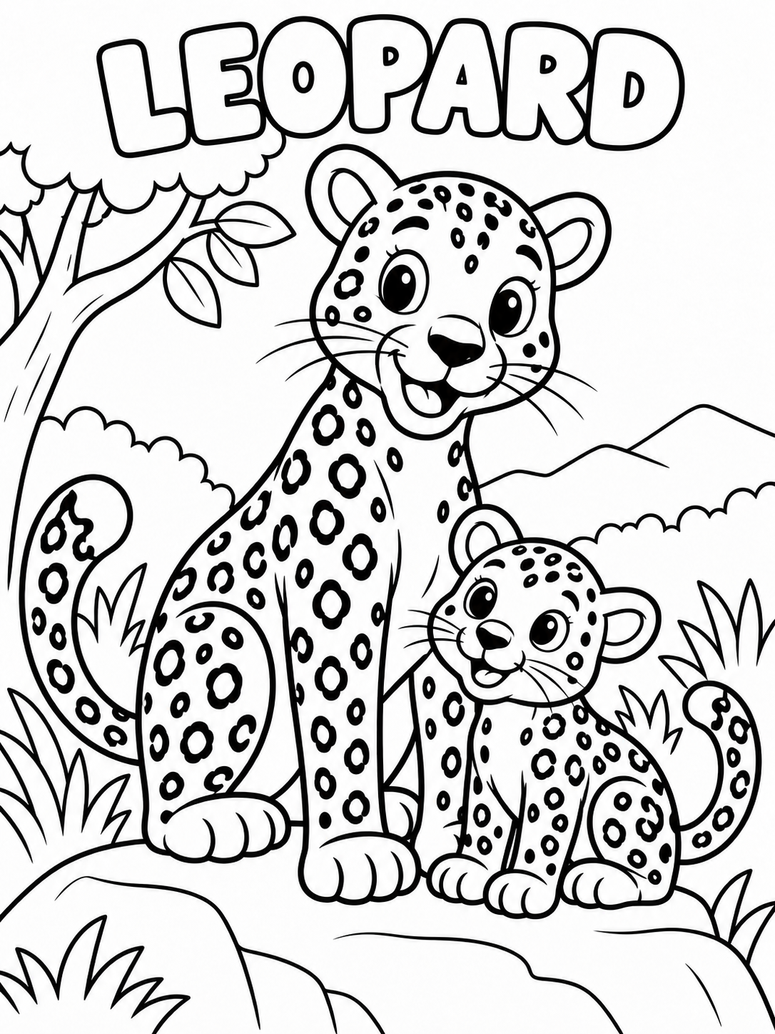 Black-and-white leopard coloring page from Renn's Zoo Animals collection: a spotted leopard and cub relax in the jungle.