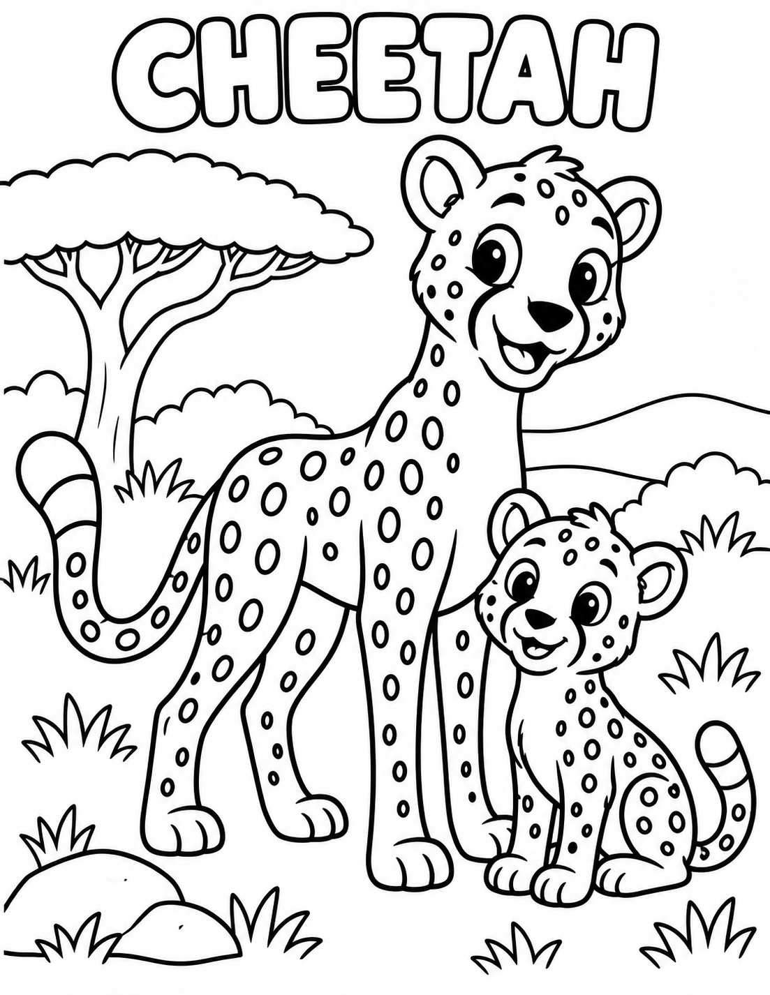 Black-and-white cheetah coloring page from Renn's Zoo Animals collection: a spotted cheetah and cub sit under an acacia tree on the savanna.