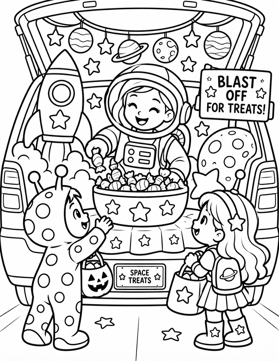 Black-and-white blast off space trunk coloring page from Renn's Trunk-or-Treat Coloring & Activity collection: an astronaut and rockets invite kids to Blast Off for Treats among the stars.