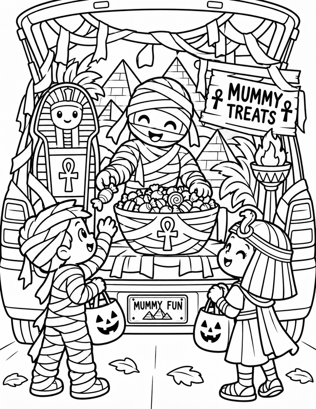 Black-and-white mummy treats trunk coloring page from Renn's Trunk-or-Treat Coloring & Activity collection: a giggling mummy hands out Mummy Fun in front of pyramids and an ancient tomb.