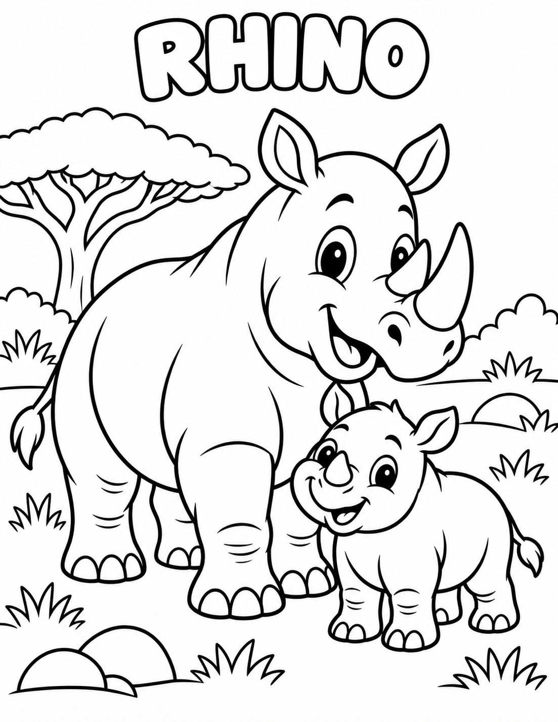 Black-and-white rhino coloring page from Renn's Zoo Animals collection: a rhino and baby rhino stand under the acacia trees.