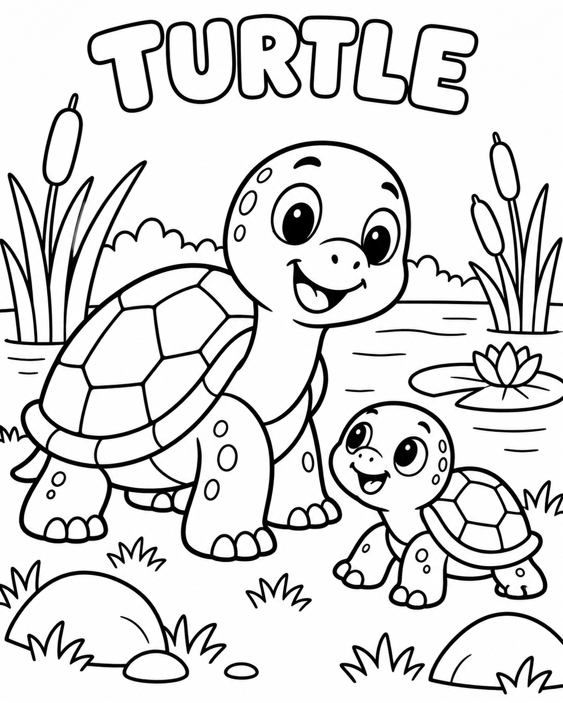 Black-and-white turtle coloring page from Renn's Zoo Animals collection: a turtle and baby turtle sit by a pond with cattails.