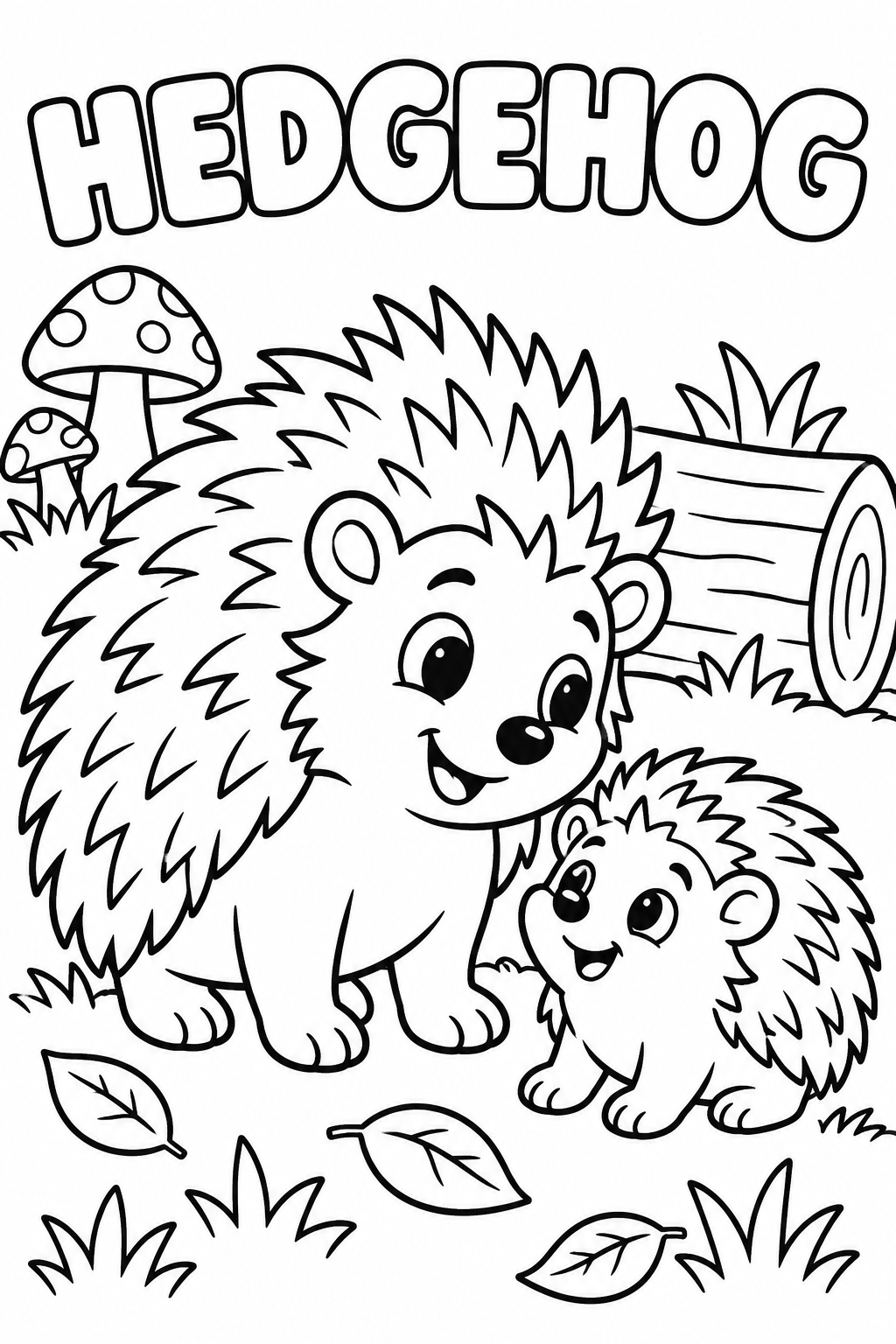 Black-and-white hedgehog coloring page from Renn's Zoo Animals collection: a spiky hedgehog and baby explore under the mushrooms.