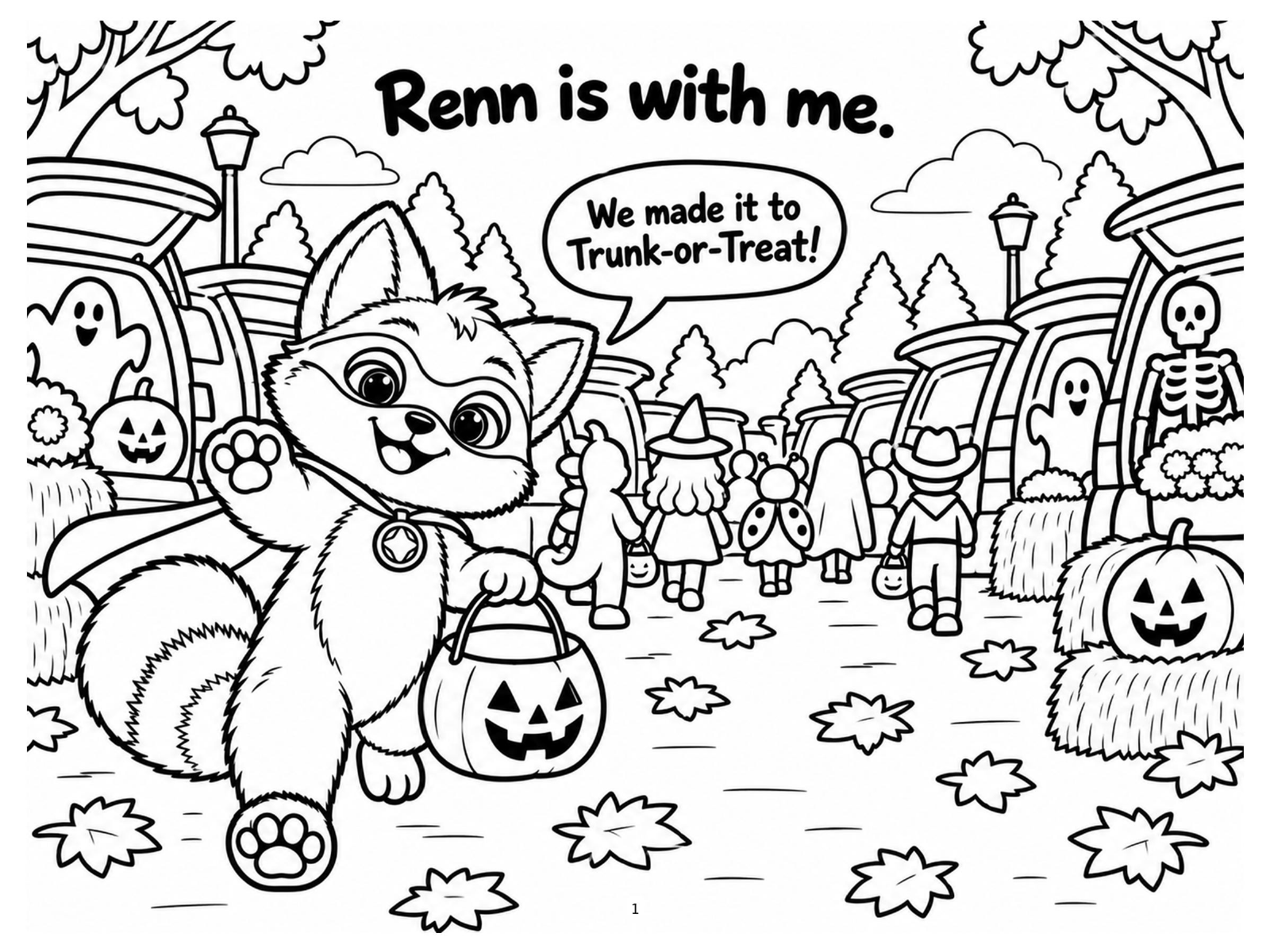 Black-and-white renn arrives at trunk-or-treat coloring page from Renn's Trunk-or-Treat collection: Renn skips into a glowing parking lot lined with decorated trunks and pumpkins.