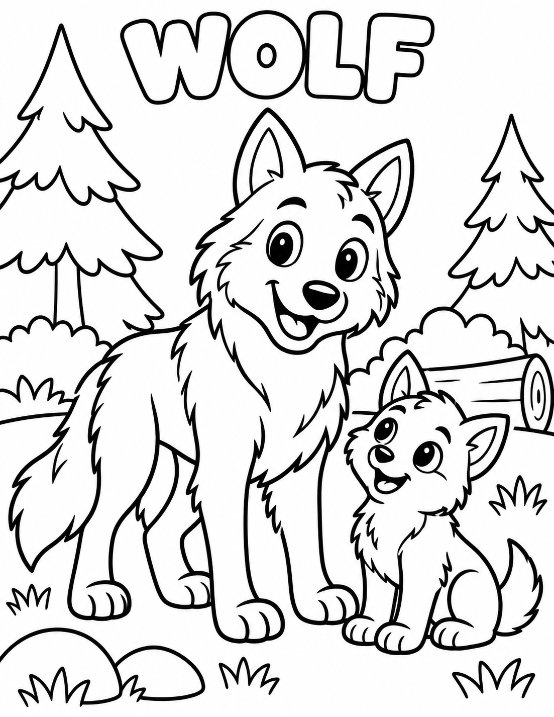 Black-and-white wolf coloring page from Renn's Zoo Animals collection: a wolf and pup sit together in the forest.