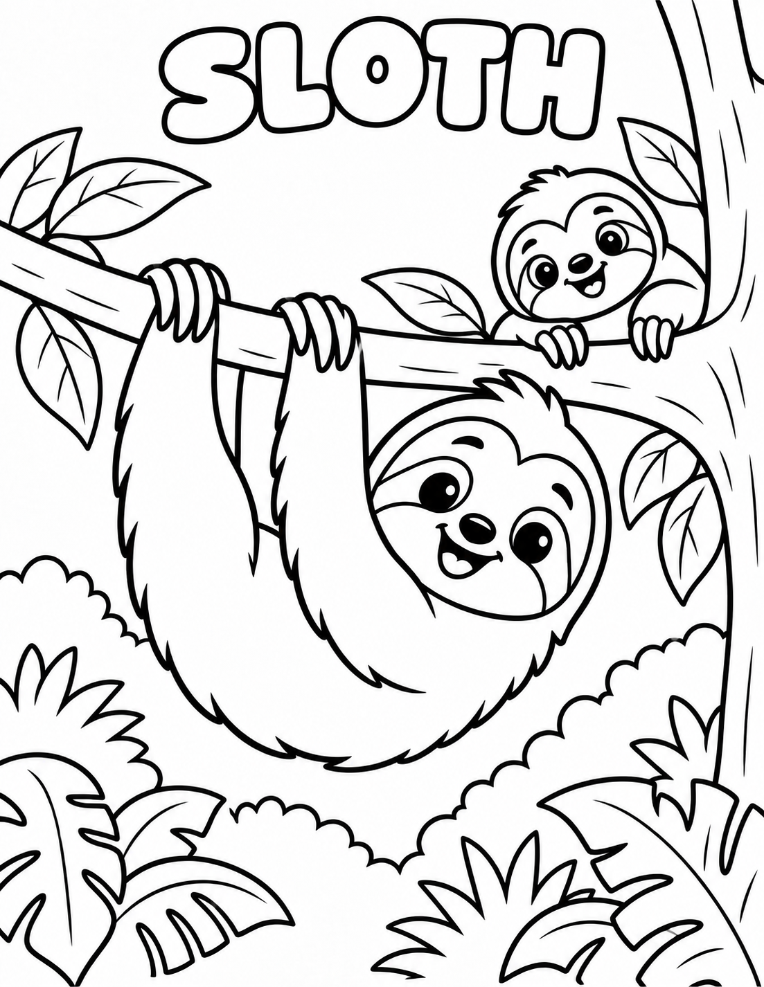 Black-and-white sloth coloring page from Renn's Zoo Animals collection: a sleepy sloth hangs from a branch with a baby nearby.